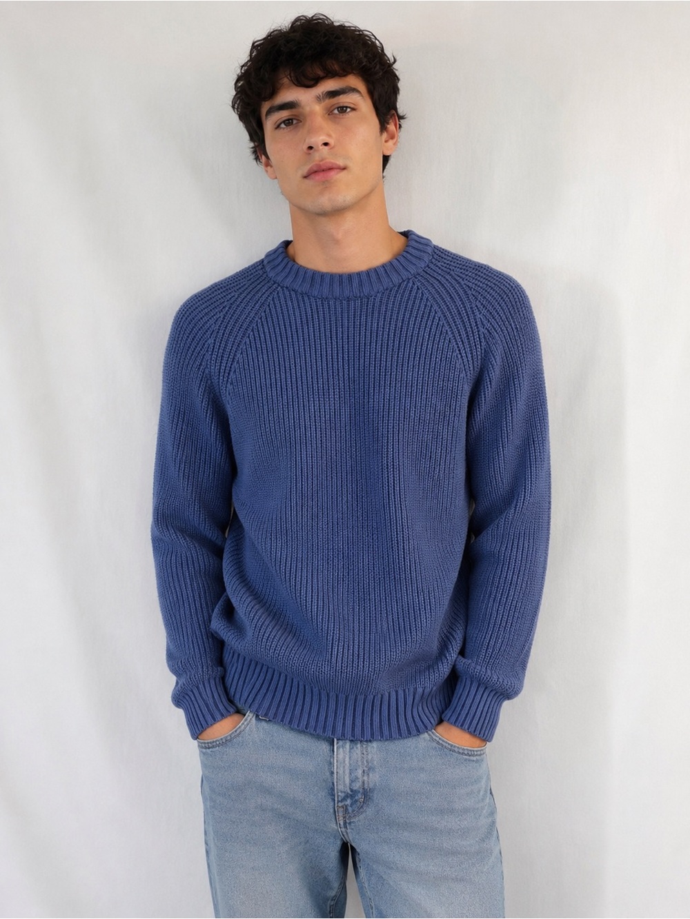 Topman Men's Blue Ribbed Crewneck Sweater